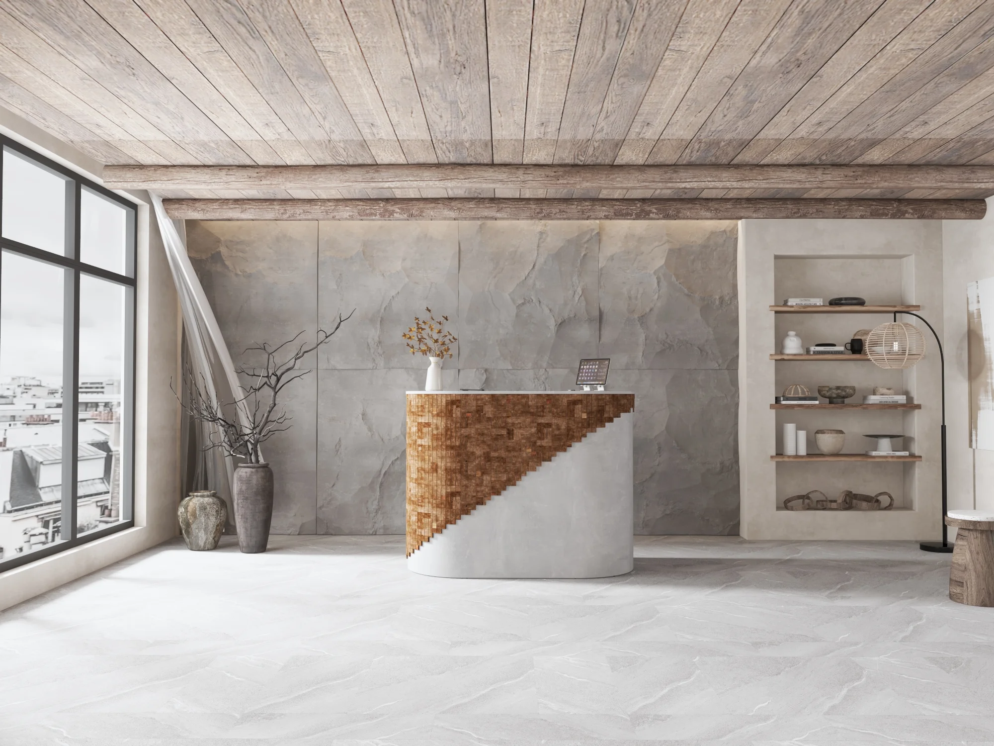 Recepcja z drewnianymi dekorami